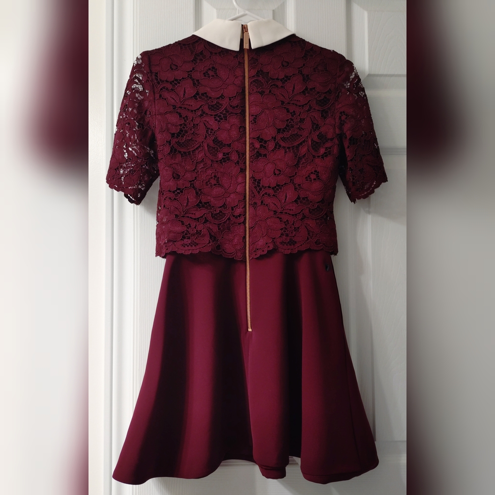 Ted Baker Burgundy Lace Dress with White Collar - Picture 2 of 11